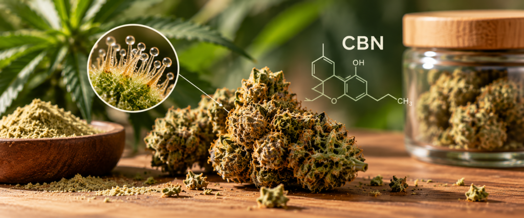 CBN : Définition, Origine et Différences avec le CBD et le THC 2 CBN et trichomes du chanvre avec illustration de la molécule de cannabinol