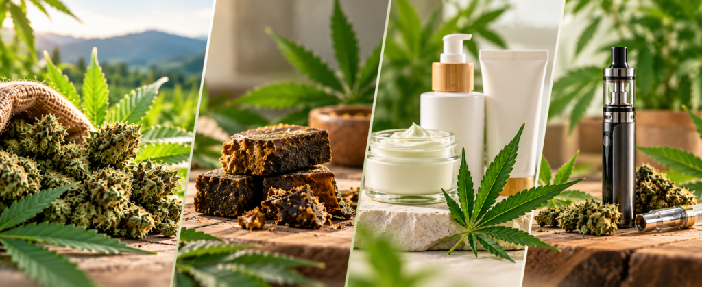 Différentes formes de produits au CBD : fleurs, résines, cosmétiques et vaporisation