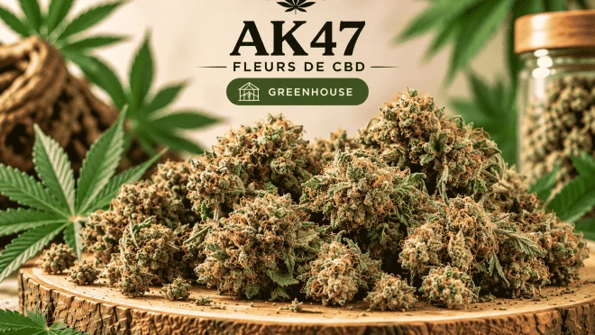 leurs de CBD AK47 Greenhouse présentées sur un support en bois
