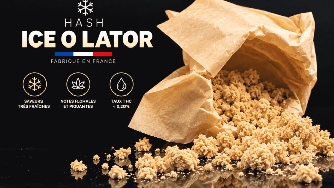 Hash Ice O Lator fabriqué en France, présenté sur papier kraft